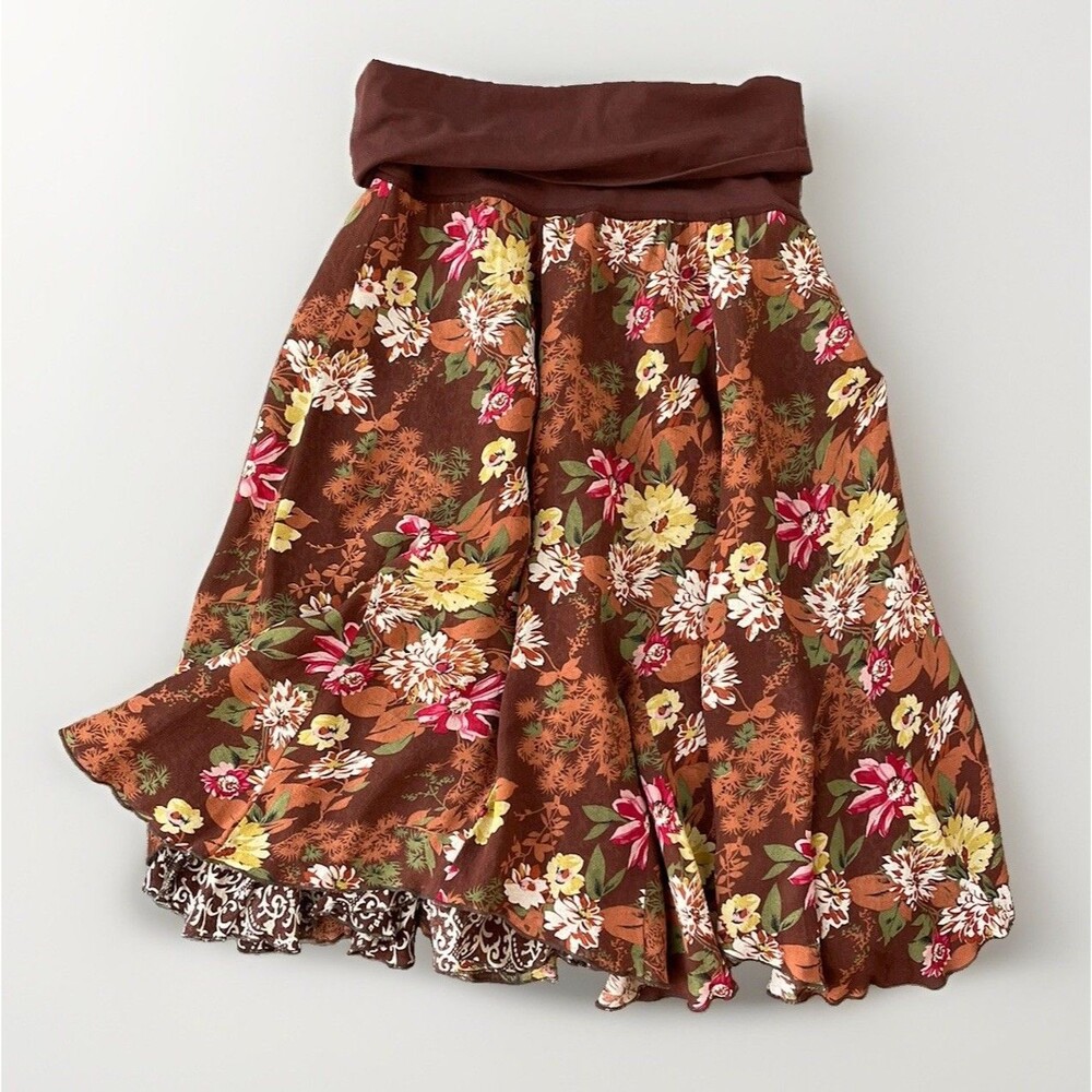 CAbi Womens Floral Reversible Skirt Size XS Brown Rayon Knee Length 90s